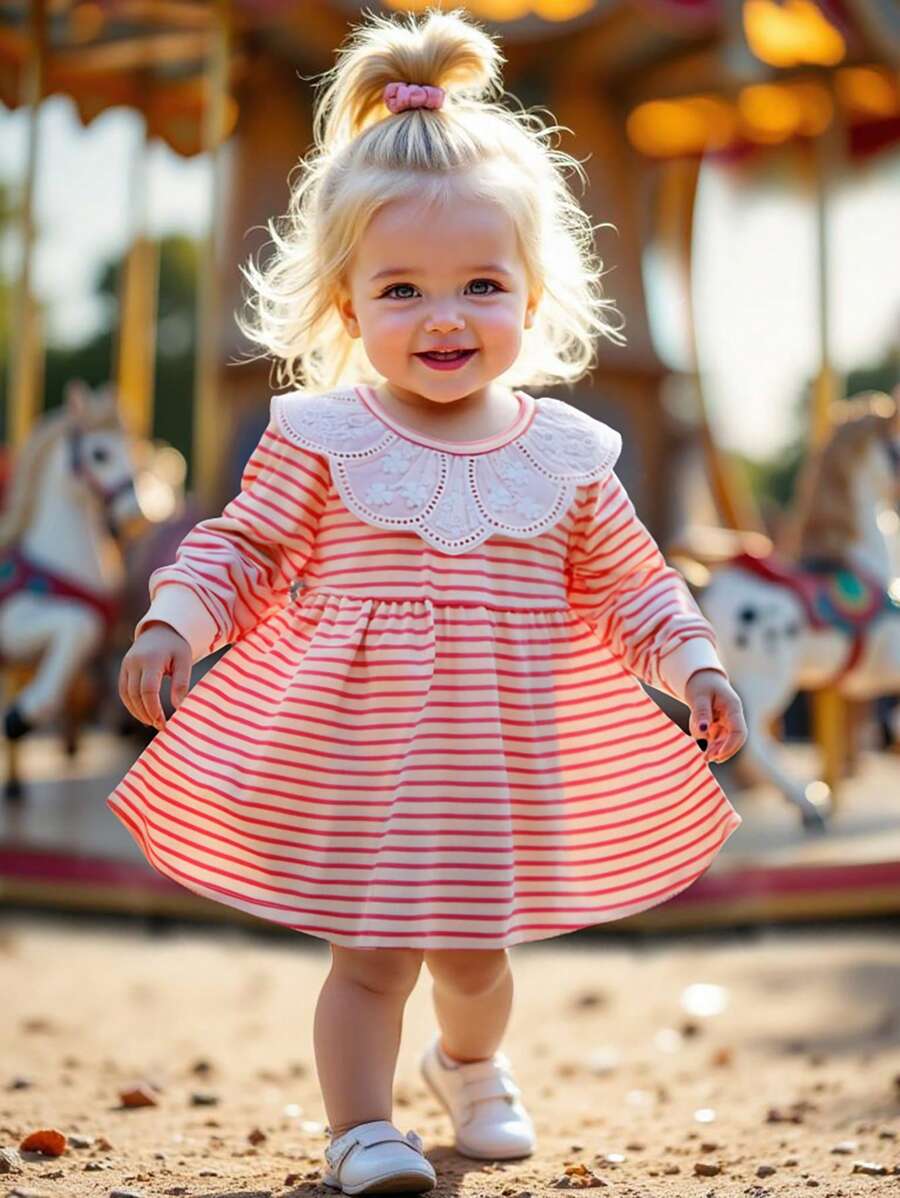 SHEIN Baby Girls Spring/Autumn Korean Style Cute Long Sleeve White Lace Collar Striped Knit Dress - Pink - View 1