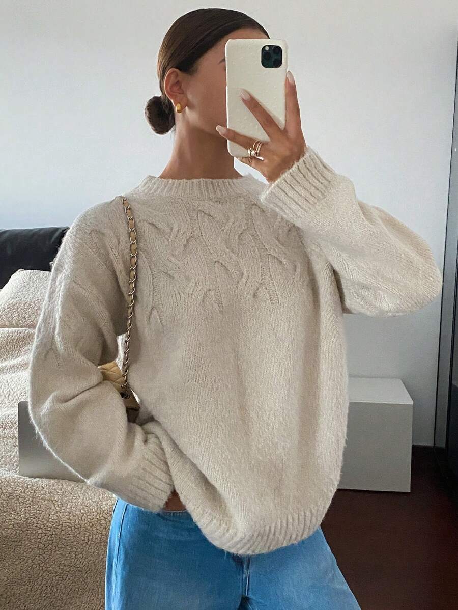 SHEIN Frenchy 女士纯色落肩长袖休闲扭纹针织毛衣,秋冬 - 杏色 - 查看 1