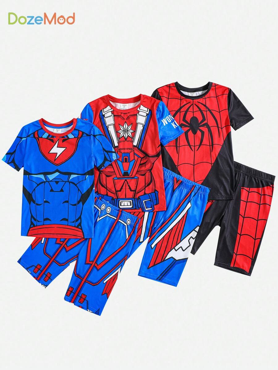 SHEIN Leap Crew Bộ sáu món đồ ngủ dệt kim in họa tiết thoải mái và mềm mại vừa vặn cho bé trai tuổi mới lớn mùa hè - Nhiều màu - Xem 1