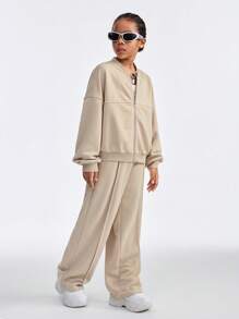 Coolane Kids Tween Girls 2pcs Set Casual Solid Color Jacket And Pants