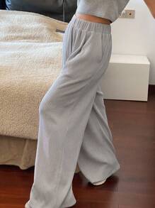 DAZY Women's Loose Textured Wide Leg Trousers, Solid Color,Women Joggers - Grey - View 3