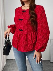 SHEIN Frenchy Simple Chic Loose Wine Red Jacquard Texture Button Front Plus Size Shirt, Party, New Year, Romantic Valentine's Day