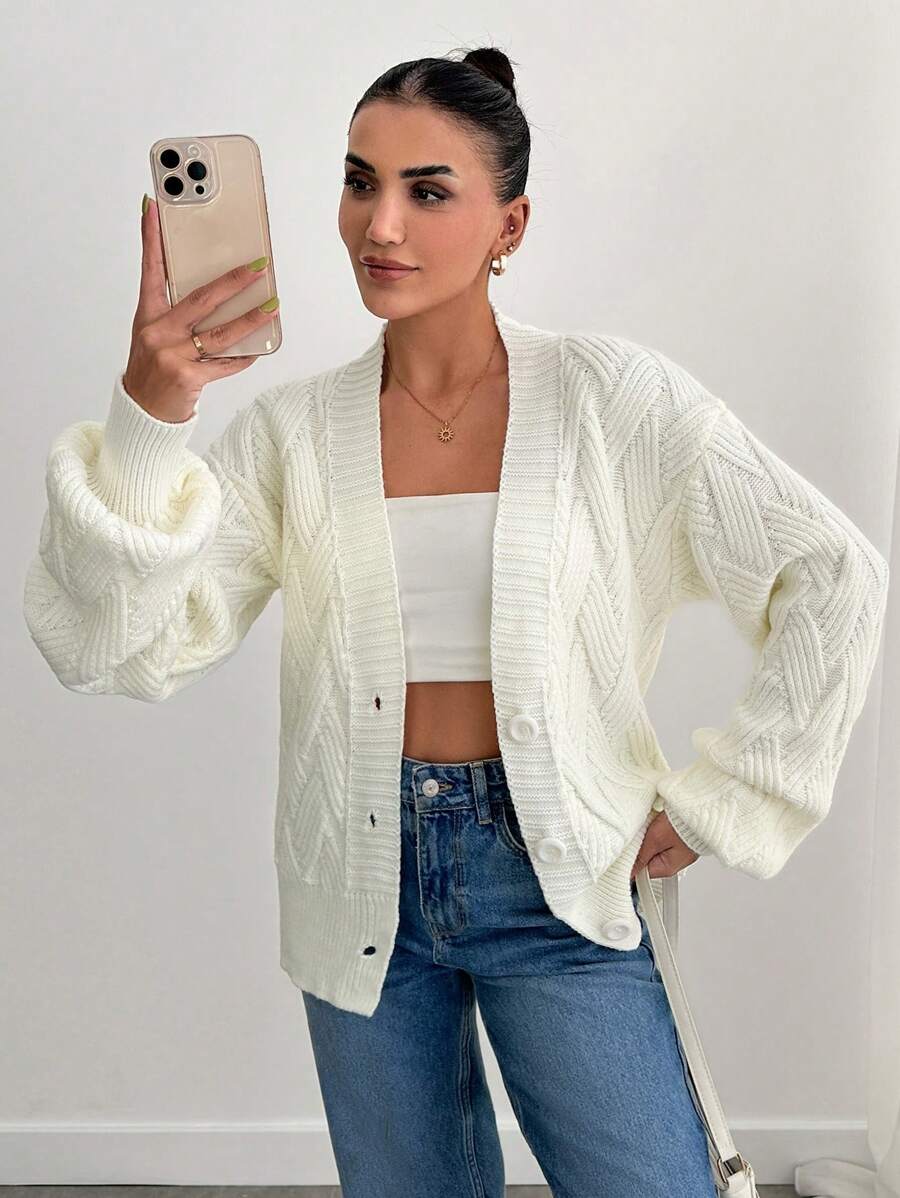 EURMUSE Áo len cardigan dệt kim màu trắng rộng rãi, dài tay, cổ chữ V, thời trang thu đông cho nữ - trắng - Xem 1