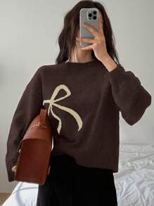 Livesso 女士蝴蝶结刺绣套头针织毛衣，秋季女装 - 咖啡棕 - 查看 4