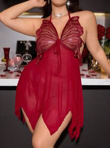 Plus Size haftowana asymetryczna siateczkowa koszula nocna z motylem