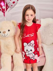 SHEIN Young Girl Rabbit Cartoon & Heart Pattern A-Line T-Shirt Dress For Valentine's Day - Multicolor - View 7