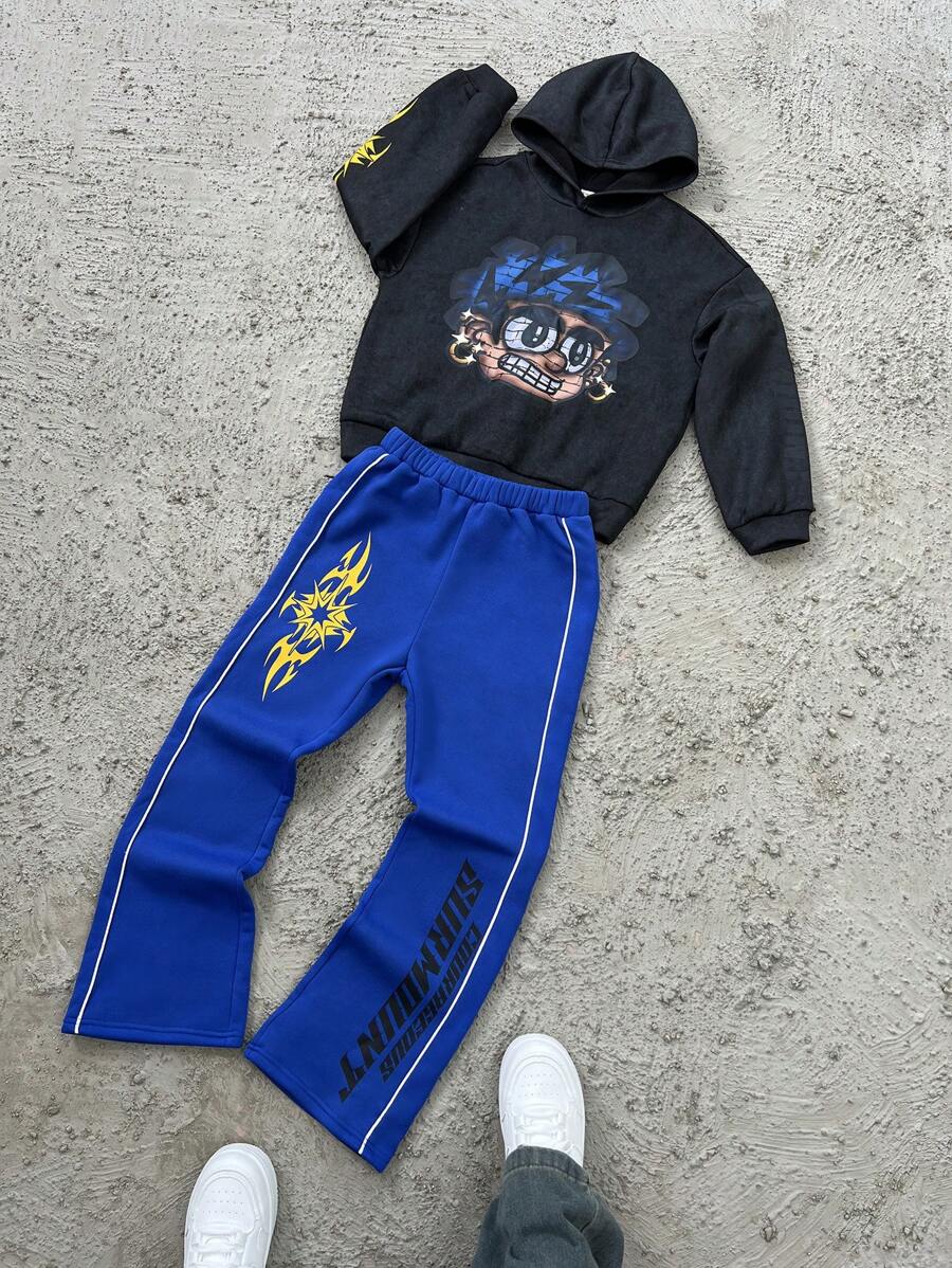 SHEIN Leap Crew Setelan 2 Potong Hoodie dan Celana Olahraga Kasual Longgar Bergambar untuk Anak Laki-Laki Usia Remaja (Tweeter) - MultiWarna - View 1