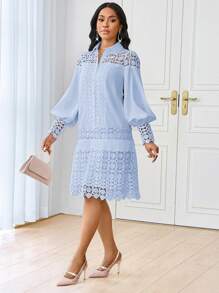 SHEIN Lady Vestido camisero elegante y casual de verano, de largo midi, con contraste de encaje blanco para mujer