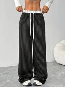 Muchica 女式新款黑色编织条纹高腰阔腿休闲长裤