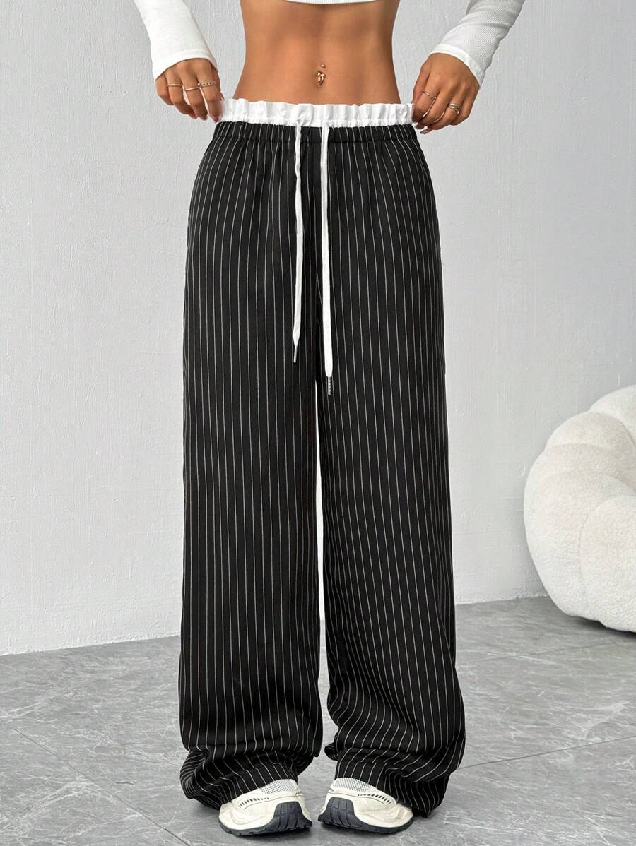 Muchica 女式新款黑色编织条纹高腰阔腿休闲长裤
