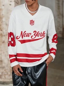 Manfinity EMRG Camiseta casual de manga larga con cuello en V, estampado de letras y parches de unicolor para hombres - Blanco - Ver 4