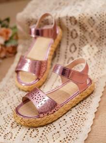 可爱时尚透气亚麻绳厚底儿童女童平底凉鞋 - 粉色 - 查看 2