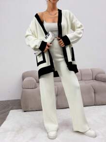 EURMUSE 女款拼色開襟衫和針織褲套裝 - 黑與白 - 查看 4