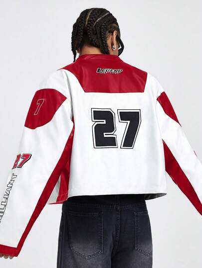 Prep Herren Herbst Lederjacke mit Buchstaben-Muster, langärmlig und kurz