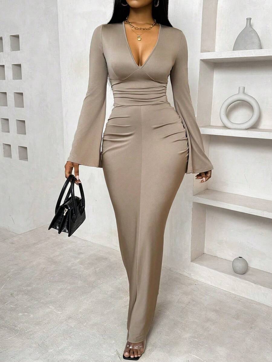 BamGleam Women's Solid Color Flared V-Neck Dress With Fitted Waist, Ruffle Hem And Back Fall Cloth For Women - Khaki - View 1