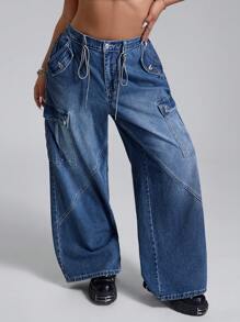 SHEIN ICON Jeans de mezclilla de trabajo con bolsillos múltiples, sin estiramiento, lavar, con botones frontales, talla grande - Azul lavado medio - Ver 1