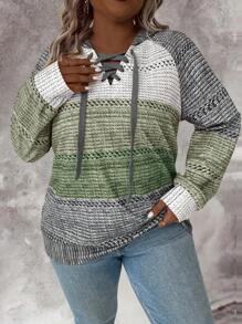 SHEIN LUNE Plus Size Women Raglan Sleeve Sweatshirt With Tie Closure, Fluffy For Autumn/Winter - Green - View 3