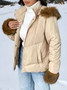 SHEIN EZwear Áo khoác lông vũ dày cổ vá màu mơ mùa đông mới có mũ trùm đầu ngắn - Màu be - Xem 5
