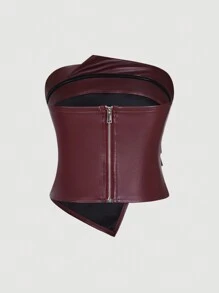 Firerie Nueva blusa asimétrica ajustada de piel sintética color vino tinto, elegante para primavera/verano, apta para la vida diaria, ir al trabajo, citas, fiestas, Día de San Valentín