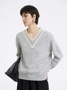 Aalyst Women's Solid Color Patchwork V-Neck Long Sleeve Casual Pullover Sweater