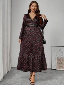 SHEIN Frenchy Plus Size Women's Black And Red French Elegant Lace Patchwork Printed V-Neck Long Dress - Black - View 4