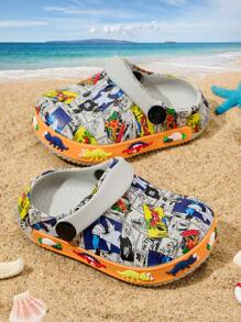 1双男童轻便软底可爱卡通海底世界涂鸦印花休闲百搭护趾沙滩凉鞋，春夏款 - 淺灰色 - 查看 3