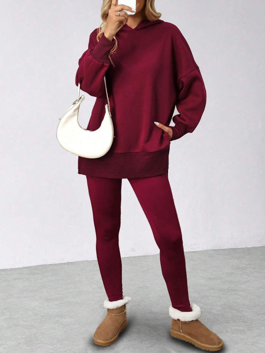 INAWLY 2pcs Women Casual Solid Color Hooded Sweatshirt And Pants Set, Autumn - Burgundy - View 1