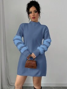 Elenzga Váy len ngắn tay dài cổ đứng trễ vai màu trơn cho nữ mùa thu/đông - Màu xanh bụi bặm - Xem 3