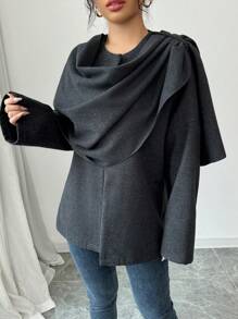 Chiquease Women's Autumn And Winter New Gray Niche Design Loose Long-Sleeved Tweed Coat, Shoulder Splicing Scarf Design, OL Style, Old Money Style, Suitable For Daily, Work, Family Gatherings And Thanksgiving Wear - Grey - View 6