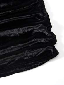Teen Girl Solid Color Ruffle Bell Sleeve Square Neck Velvet Dress - Black - View 6