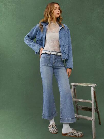 WESTFADE 春季弹力高腰酸洗七分宽松喇叭牛仔裤