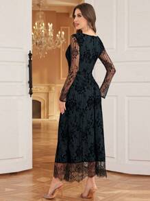 Modelyn 女士方领长袖蕾丝拼接休闲长裙超长款女士装长款晚礼服 - 霧霾藍 - 查看 3