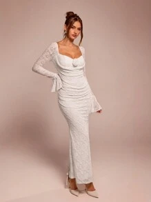 SHEIN BAE 蕾丝荷叶边袖花卉点缀 A 字形连衣裙