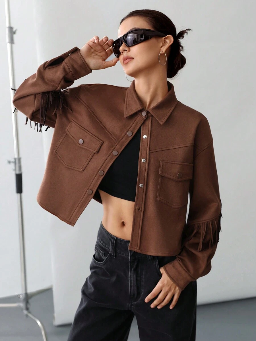 Aveloria Affinna Boho Style Faux Suede Fringed Motorcycle Jacket For Women Fall Cloth For Women - Rust Brown - View 1