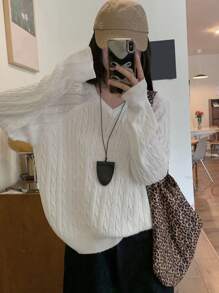 DAZY Suéter holgado de manga larga, cuello en V, de unicolor, casual para mujer