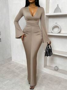 BamGleam Women's Solid Color Flared V-Neck Dress With Fitted Waist, Ruffle Hem And Back Fall Cloth For Women - Khaki - View 6