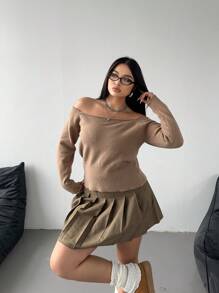 SHEIN Unity 大码简约时尚新款露肩长袖针织套头衫秋冬款 - 駝色 - 查看 7