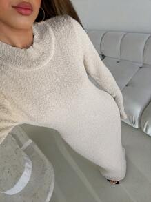 Aloruh 女士性感时尚深 V 形背部纹理修身长款白色针织连衣裙 - 白色 - 查看 5