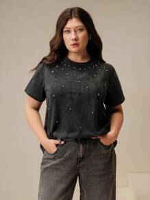Anewsta Plus Size Women's Modern Short Rhinestone Decor Distressed Short Sleeve T-Shirt
