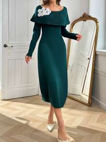 Modelyn Vestido elegante de punto ajustado con escote barco, adornado con perlas y cristales con diseño floral para fiesta - Verde Oscuro - Ver 4
