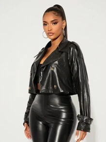 SHEIN SXY Versatile Black PU Motorcycle Jacket, Sexy & Stylish, Autumn/Winter - Black - View 6