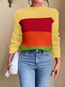 Chiquease Women's Stand Collar Long Sleeve Solid Color Splicing Casual Sweater Knit Pullover Fall Winter Sweater - Yellow - View 4