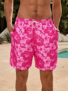 Manfinity VDAYZ Men's Beach Shorts Drawstring Waist Front Tie Pocket Tie Dye Flower Print Beach Vacation Hawaiian - Red - View 3