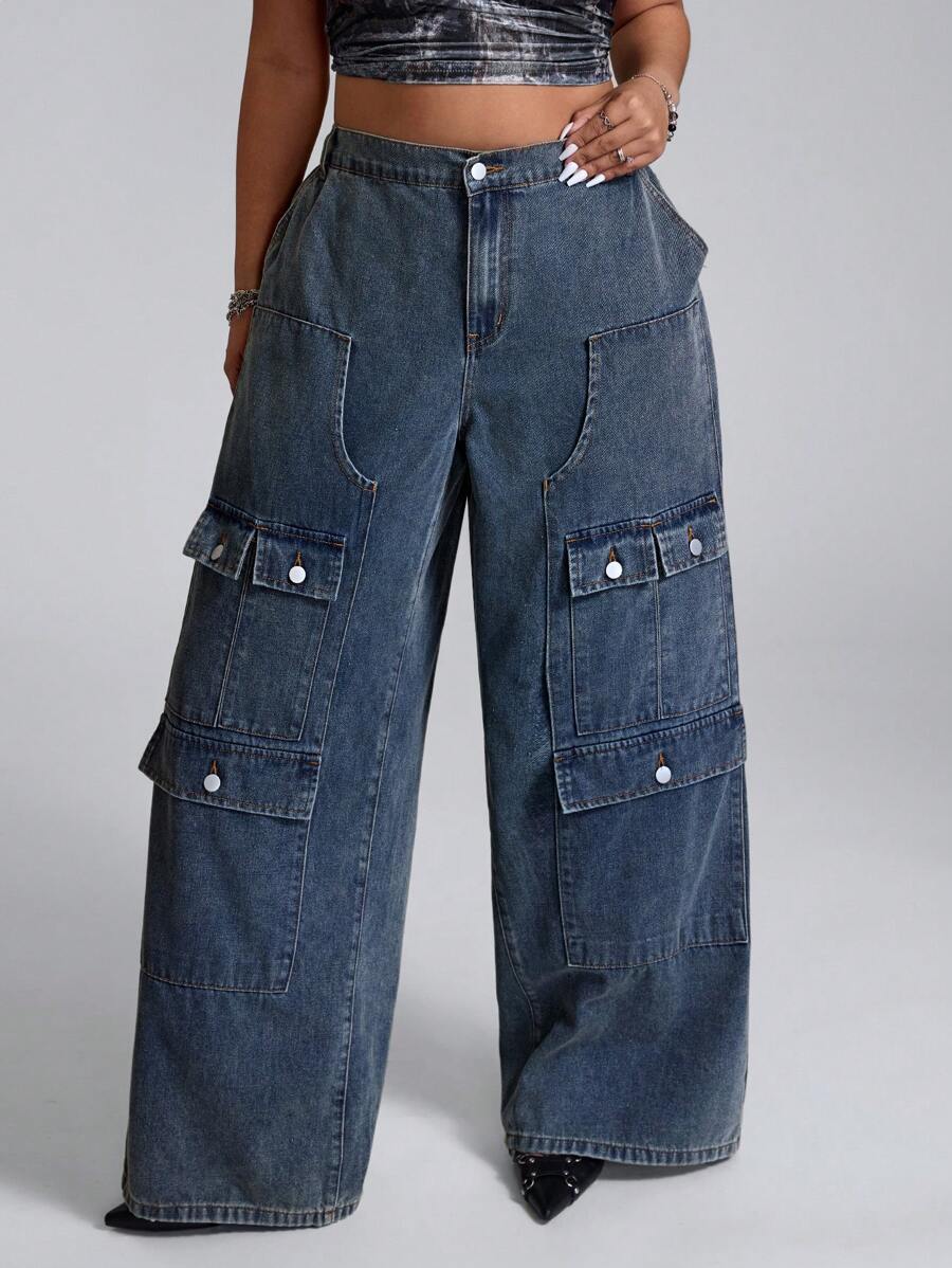 SHEIN ICON Plus Size Casual Water-Washed Multi-Pocket Wide-Leg Cargo Jeans - Blue - View 1