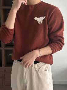 DAZY Pulover tricotat casual pentru bărbați, cu guler rotund, mânecă lungă, model detaliat, stil minimalist, toamnă, iarnă - Burgundia - Vizualizare 3