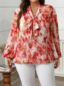 Franclia Plus Size Women Elegant Chiffon Printed Tie Front Blouse,Valentine
