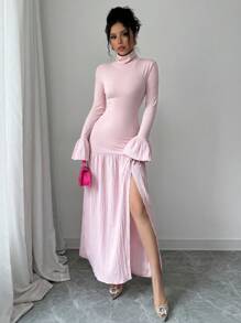 Chiquease 高领长袖荷叶边袖口和下摆开叉连衣裙，高弹力超舒适透气保暖修身浅色女式长裙，秋冬季，女士圣诞服装，感恩节服装女士长款女装 - 淺粉色 - 查看 6