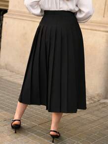 SHEIN Clasi Plus Size Simple Solid Color Pleated A-Line Skirt, Versatile & Casual - Black - View 6