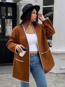 INAWLY Plus Size Women Contrast Color Block Vintage Soft Jacket, Autumn/Winter