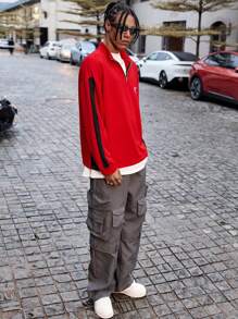 PAVTROS Manfinity Streetrush Long Sleeve, Manfinity Streetrush Men's Half-Zip Contrast Stitching Pullover Sweatshirt, Loose Fit, Autumn And Winter, Star Logo, Graphic Men - Multicolor - View 7